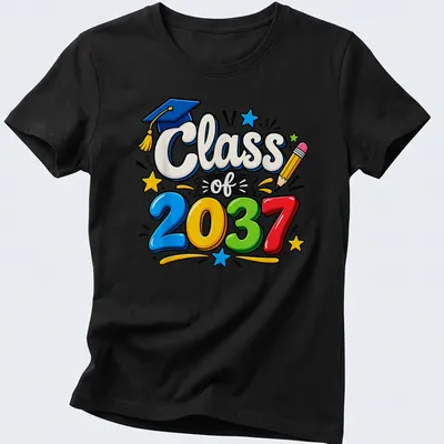 Colorful cartoon T-shirt featuring graduation caps and Class of 2037 text — printed on a women's shirt