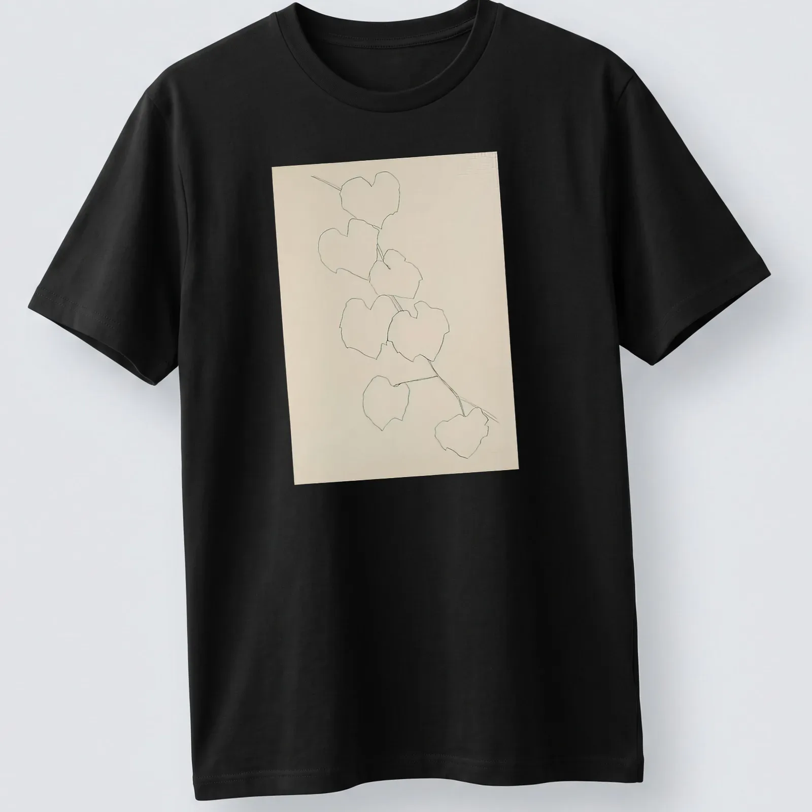 Minimalist design featuring outlined grape leaves in green, beige, and white. — printed on a unisex t-shirt