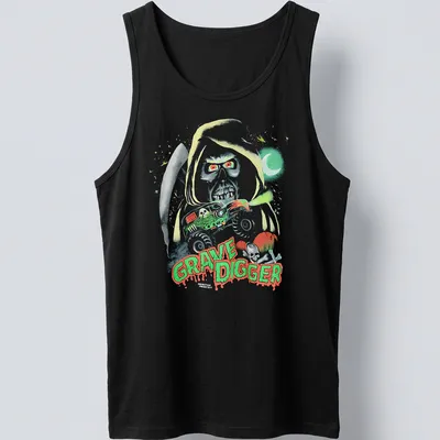 Halloween-themed Grave Digger monster truck graphic in green, red, black, and white — printed on a tank top
