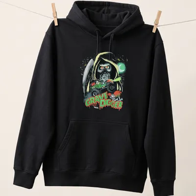 Halloween-themed Grave Digger monster truck graphic in green, red, black, and white — printed on a unisex hoodie