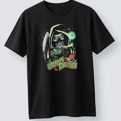 Halloween-themed Grave Digger monster truck graphic in green, red, black, and white — printed on a unisex t-shirt