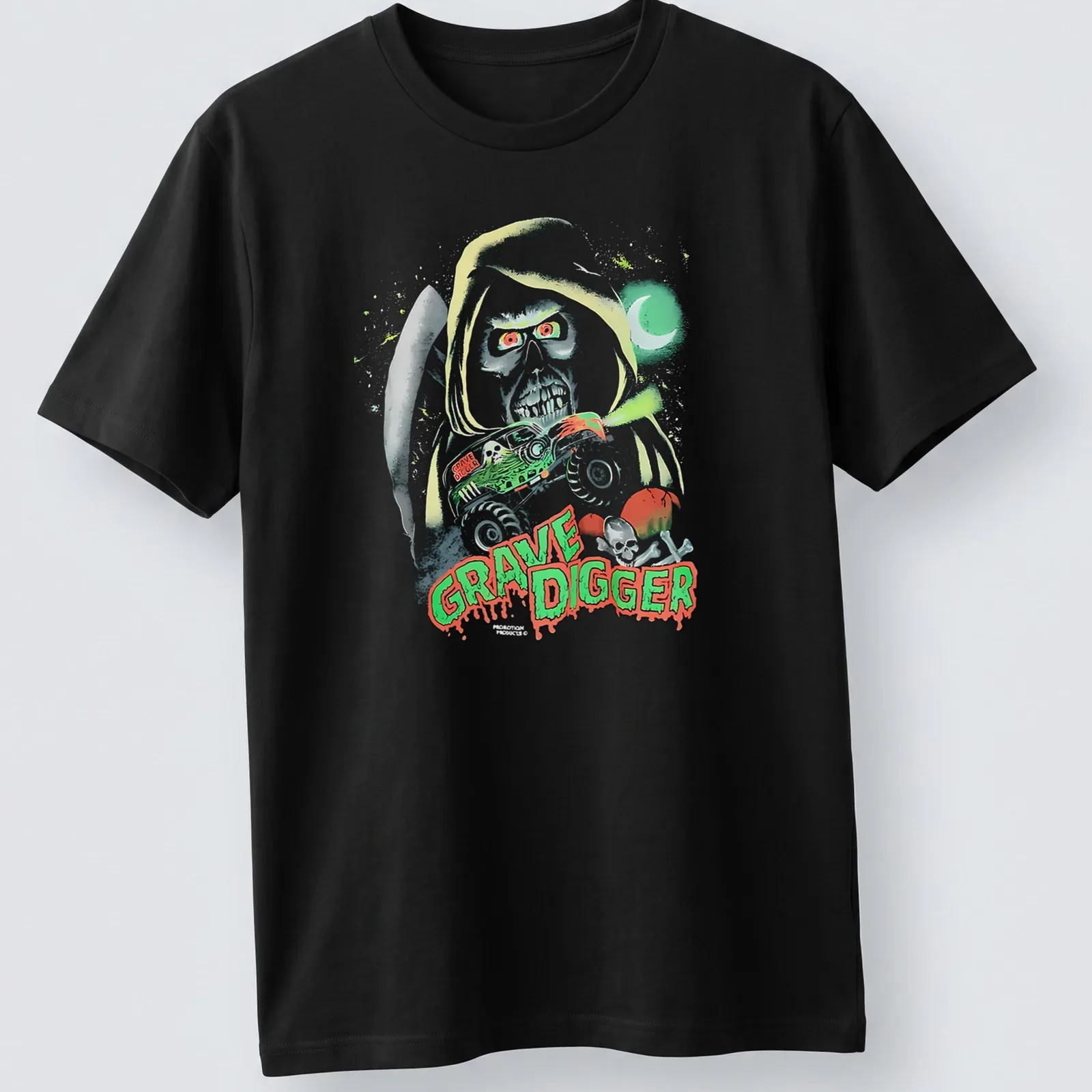 Halloween-themed Grave Digger monster truck graphic in green, red, black, and white — printed on a unisex t-shirt