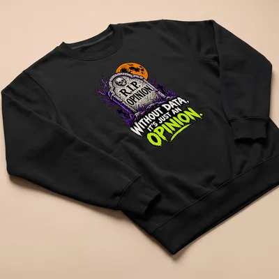Cartoon gravestone graphic with humorous text about data and opinion in Halloween colors — printed on a unisex sweatshirt