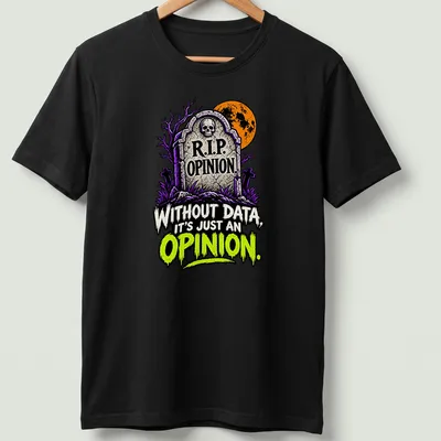 Cartoon gravestone graphic with humorous text about data and opinion in Halloween colors — printed on a unisex t-shirt