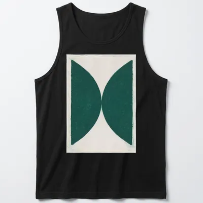 Minimalist t-shirt featuring green abstract shapes on a white background — printed on a tank top
