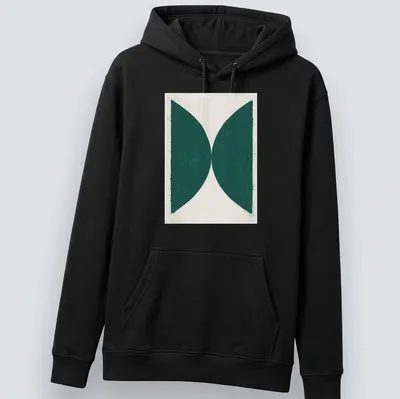 Minimalist t-shirt featuring green abstract shapes on a white background — printed on a unisex hoodie