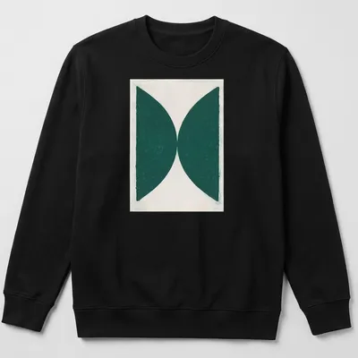 Minimalist t-shirt featuring green abstract shapes on a white background — printed on a unisex sweatshirt