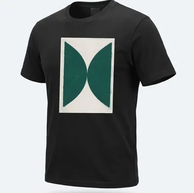 Minimalist t-shirt featuring green abstract shapes on a white background