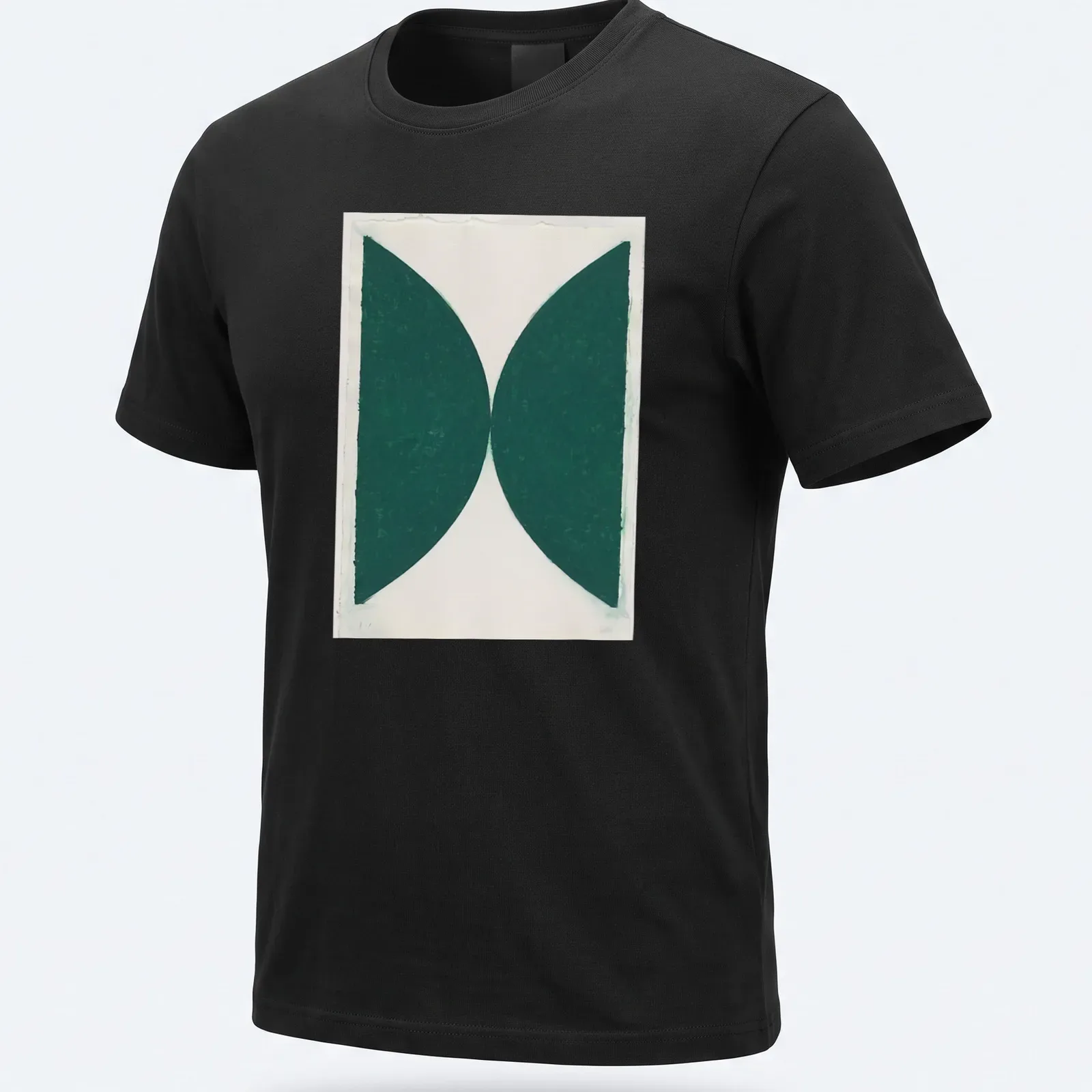 Minimalist t-shirt featuring green abstract shapes on a white background — printed on a unisex t-shirt