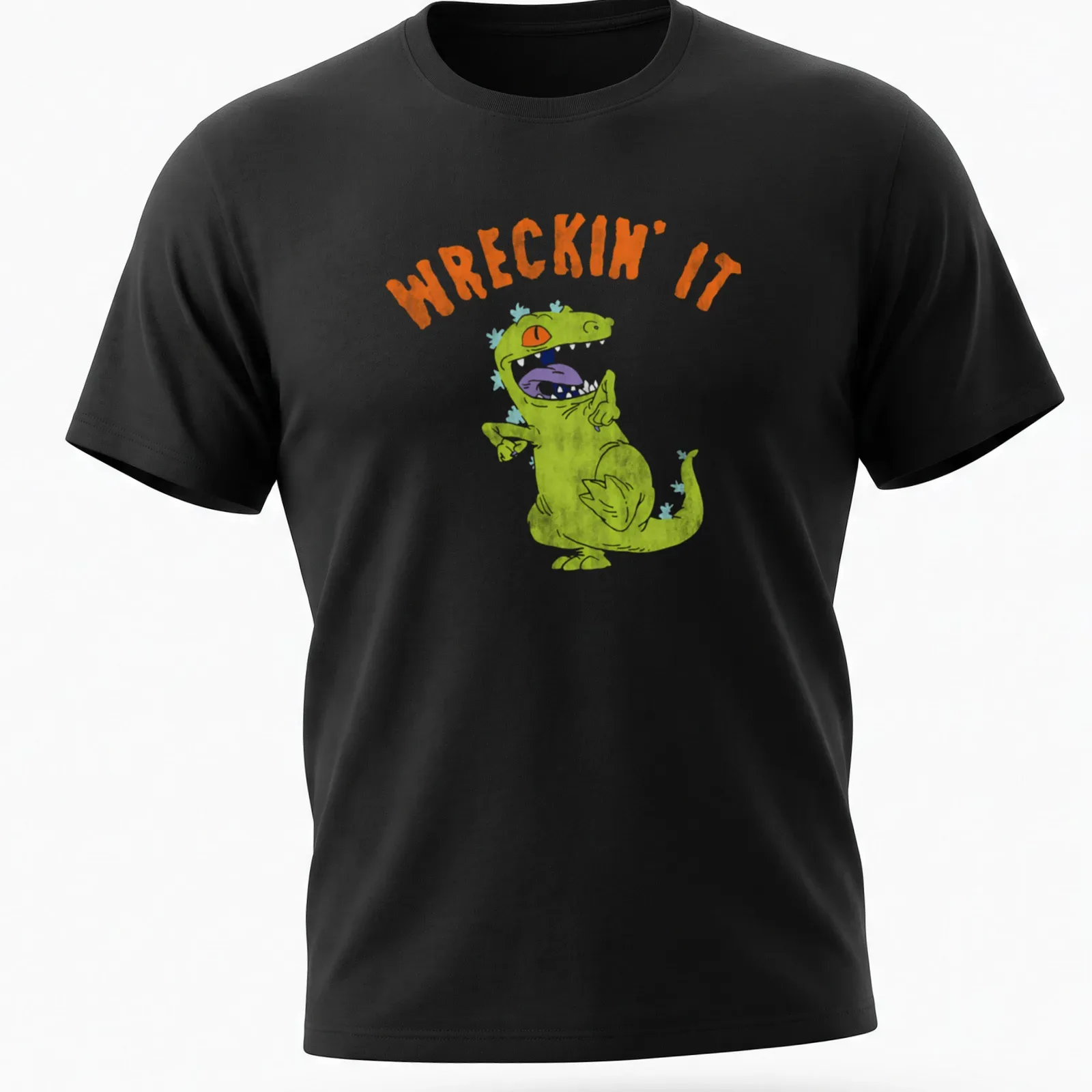Playful illustration of a green dinosaur with the text WRECKIN' IT — printed on a unisex t-shirt