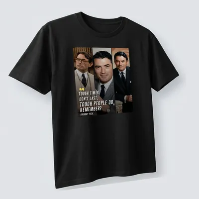 Inspirational quote shirt featuring Gregory Peck's image in black, white, beige, and gray. — printed on a unisex t-shirt (angled view)