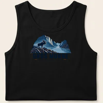 Illustration of a moose with text GROS MORNE NEWFOUNDLAND • CANADA in blue and orange — printed on a tank top