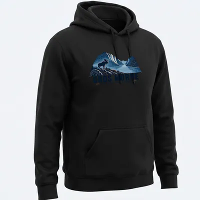 Illustration of a moose with text GROS MORNE NEWFOUNDLAND • CANADA in blue and orange — printed on a unisex hoodie