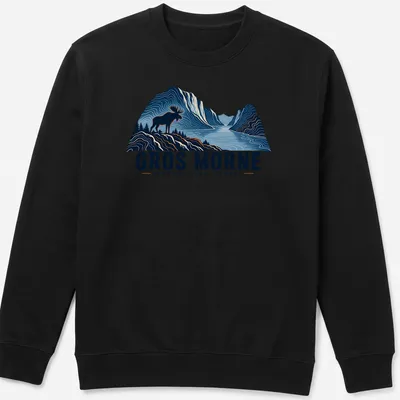 Illustration of a moose with text GROS MORNE NEWFOUNDLAND • CANADA in blue and orange — printed on a unisex sweatshirt