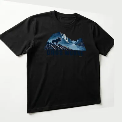 Illustration of a moose with text GROS MORNE NEWFOUNDLAND • CANADA in blue and orange — printed on a unisex t-shirt (angled view)