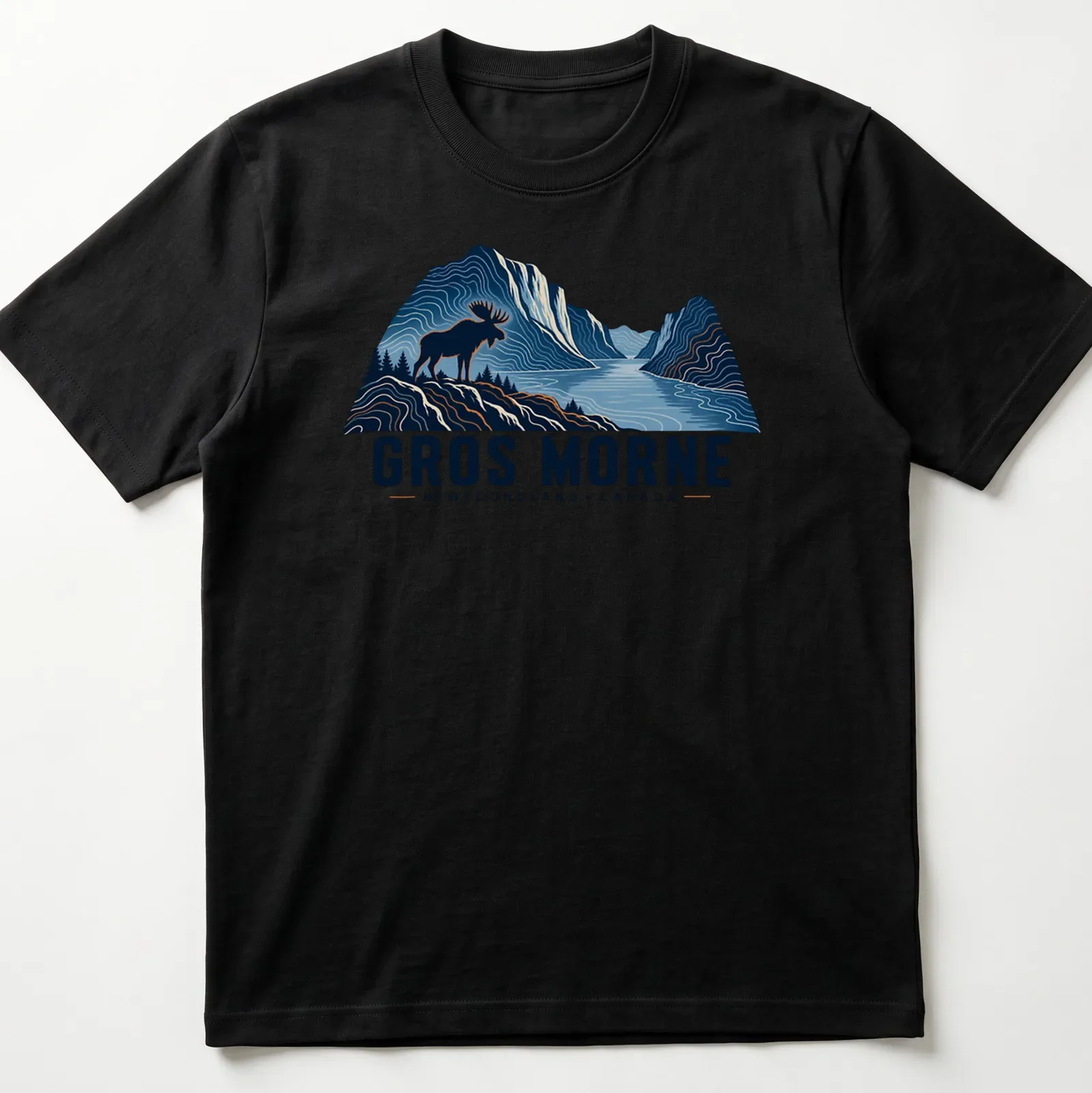 Illustration of a moose with text GROS MORNE NEWFOUNDLAND • CANADA in blue and orange — printed on a unisex t-shirt