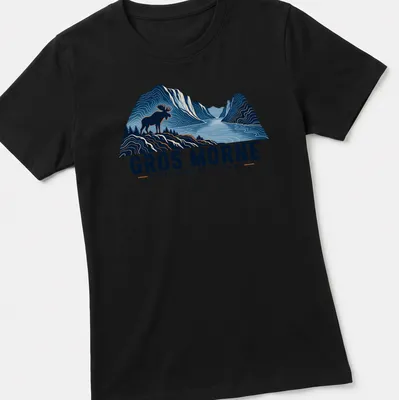 Illustration of a moose with text GROS MORNE NEWFOUNDLAND • CANADA in blue and orange — printed on a women's shirt