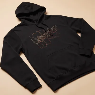 Line art of a guitar player with hands on the strings in warm orange tones — printed on a unisex hoodie
