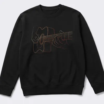 Line art of a guitar player with hands on the strings in warm orange tones — printed on a unisex sweatshirt