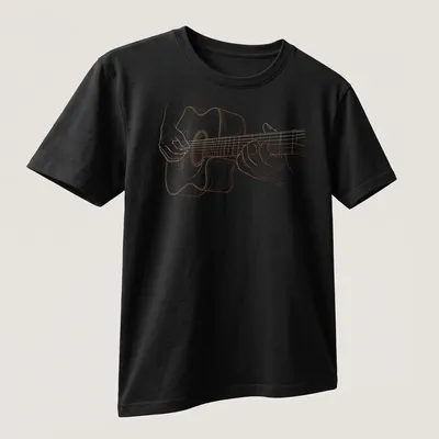 Line art of a guitar player with hands on the strings in warm orange tones — printed on a unisex t-shirt (angled view)