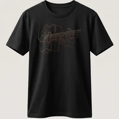 Line art of a guitar player with hands on the strings in warm orange tones — printed on a unisex t-shirt