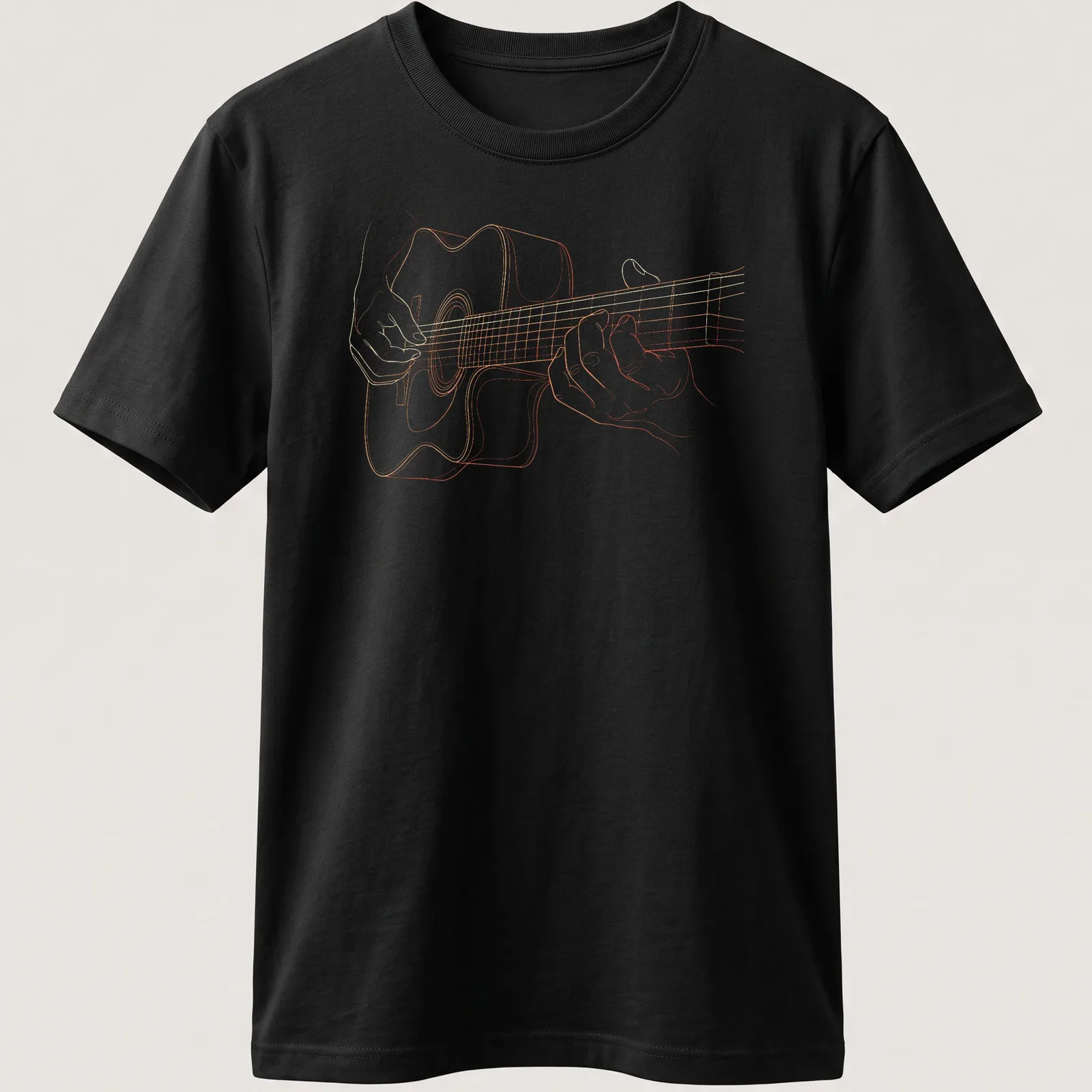 Line art of a guitar player with hands on the strings in warm orange tones — printed on a unisex t-shirt