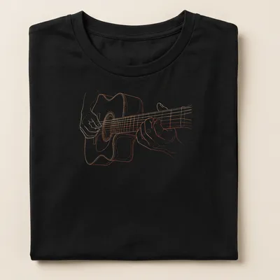 Line art of a guitar player with hands on the strings in warm orange tones — printed on a women's shirt