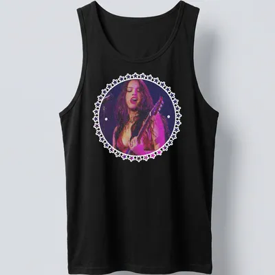 Vintage concert style Guts Tour t-shirt featuring a female guitarist in bold colors — printed on a tank top