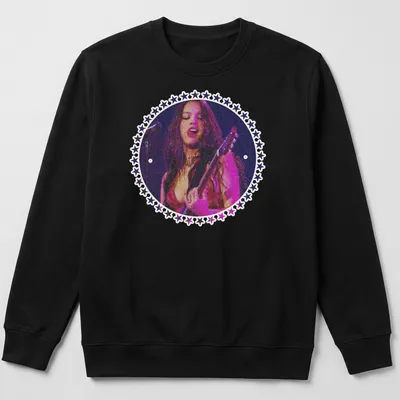 Vintage concert style Guts Tour t-shirt featuring a female guitarist in bold colors — printed on a unisex sweatshirt