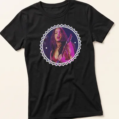 Vintage concert style Guts Tour t-shirt featuring a female guitarist in bold colors — printed on a women's shirt
