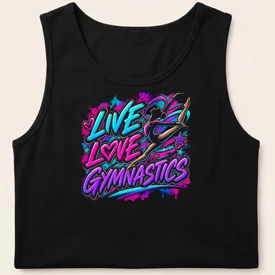 Colorful graffiti style gymnastics shirt with the phrase LIVE LOVE GYMNASTICS — printed on a tank top