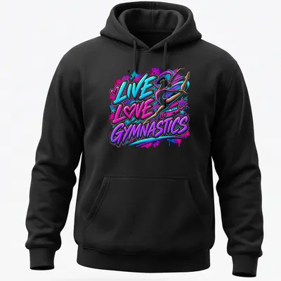Colorful graffiti style gymnastics shirt with the phrase LIVE LOVE GYMNASTICS — printed on a unisex hoodie
