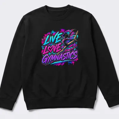 Colorful graffiti style gymnastics shirt with the phrase LIVE LOVE GYMNASTICS — printed on a unisex sweatshirt