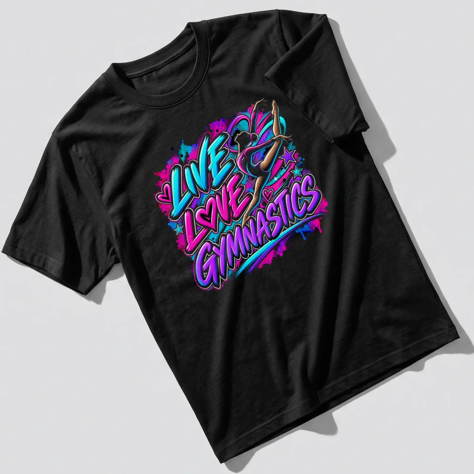 Colorful graffiti style gymnastics shirt with the phrase LIVE LOVE GYMNASTICS — printed on a unisex t-shirt