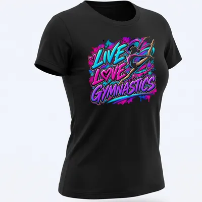 Colorful graffiti style gymnastics shirt with the phrase LIVE LOVE GYMNASTICS — printed on a women's shirt