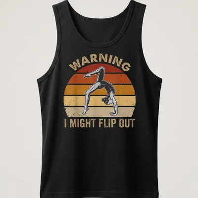 Distressed graphic of a gymnast flipping with text warning of possible flips — printed on a tank top