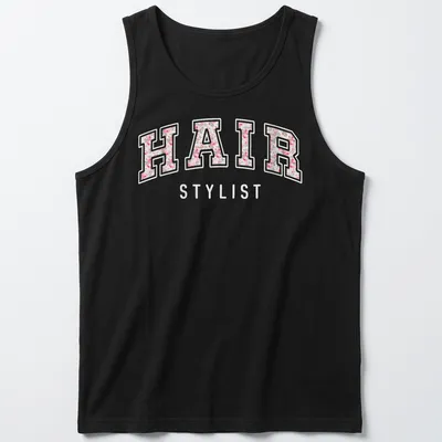 Cute retro floral design with 'HAIR STYLIST' text and pink flowers — printed on a tank top