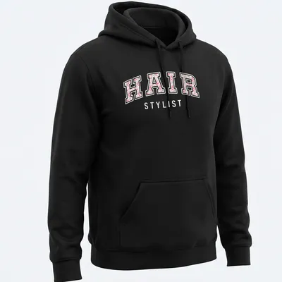 Cute retro floral design with 'HAIR STYLIST' text and pink flowers — printed on a unisex hoodie