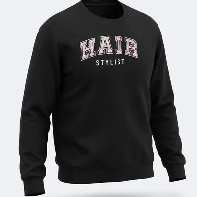 Cute retro floral design with 'HAIR STYLIST' text and pink flowers — printed on a unisex sweatshirt