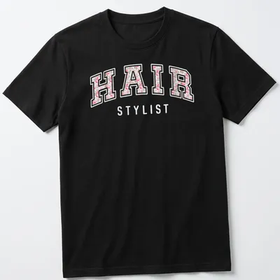 Cute retro floral design with 'HAIR STYLIST' text and pink flowers