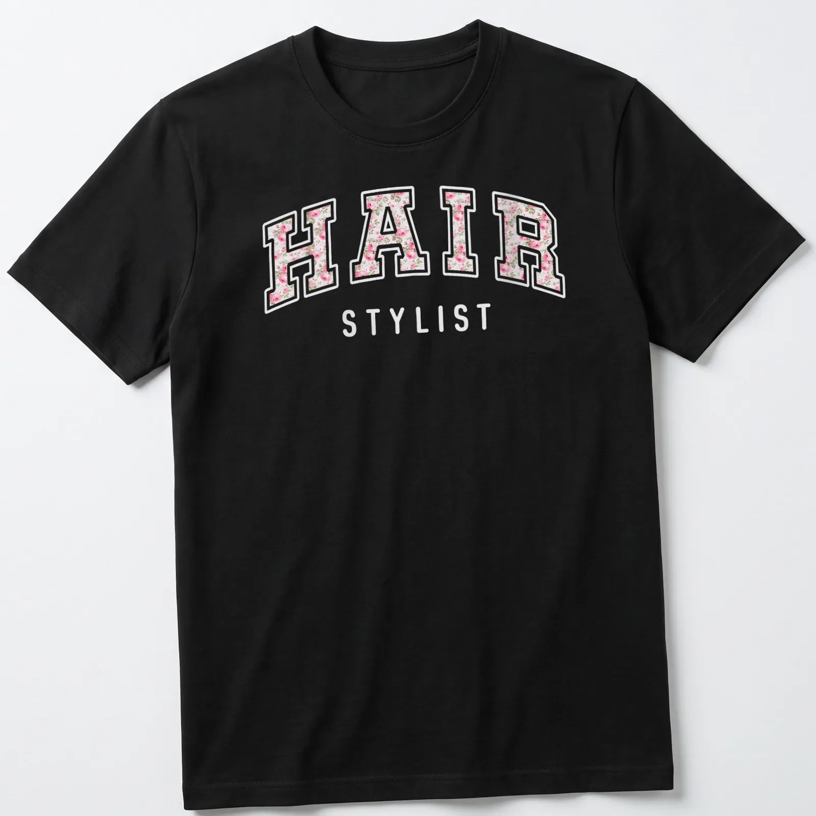 Cute retro floral design with 'HAIR STYLIST' text and pink flowers — printed on a unisex t-shirt