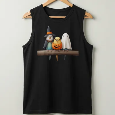Colorful cartoon of budgies in costumes for Halloween with printed text — printed on a tank top