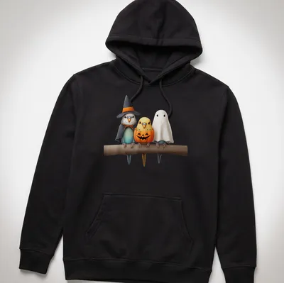 Colorful cartoon of budgies in costumes for Halloween with printed text — printed on a unisex hoodie