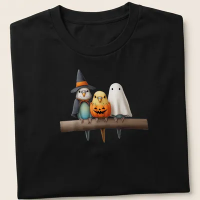 Colorful cartoon of budgies in costumes for Halloween with printed text