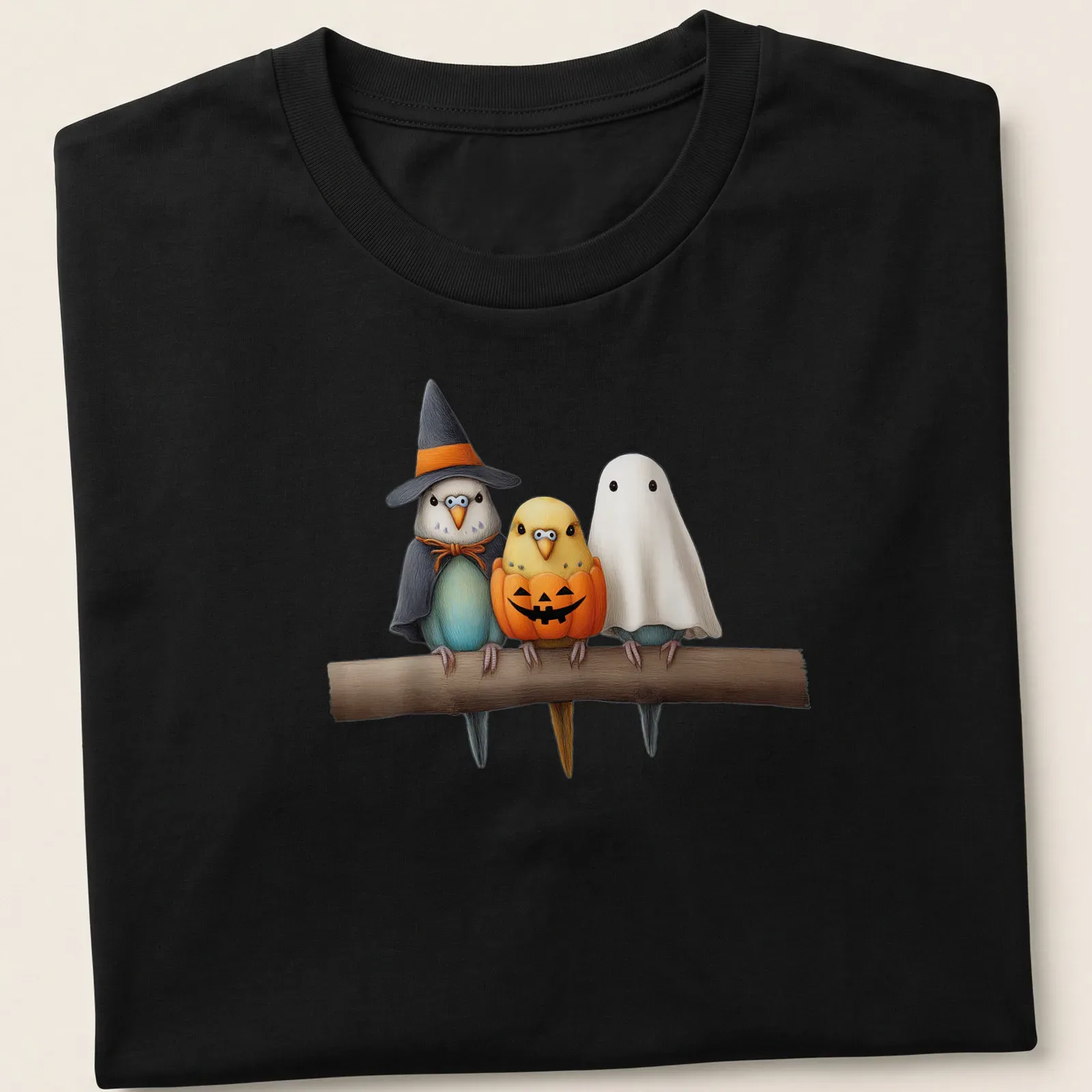 Colorful cartoon of budgies in costumes for Halloween with printed text — printed on a unisex t-shirt