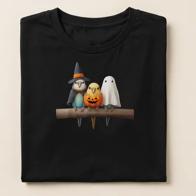 Colorful cartoon of budgies in costumes for Halloween with printed text — printed on a women's shirt