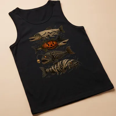Vintage illustration of Halloween fish characters: skeleton, mummy, ghost, and pumpkins. — printed on a tank top