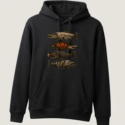 Vintage illustration of Halloween fish characters: skeleton, mummy, ghost, and pumpkins. — printed on a unisex hoodie
