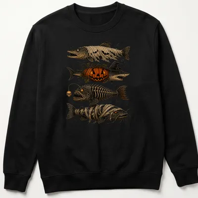 Vintage illustration of Halloween fish characters: skeleton, mummy, ghost, and pumpkins. — printed on a unisex sweatshirt