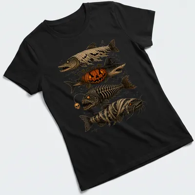 Vintage illustration of Halloween fish characters: skeleton, mummy, ghost, and pumpkins. — printed on a women's shirt